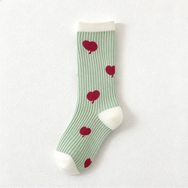CouldNook Graphic Crew Socks - Apple Motifs And Contrasting Stripe Patterns