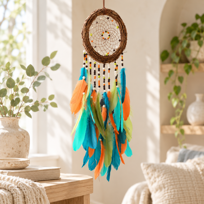 CouldNook Colorful Feather Dreamcatcher - Vine Hoop And Layered Beaded Strands