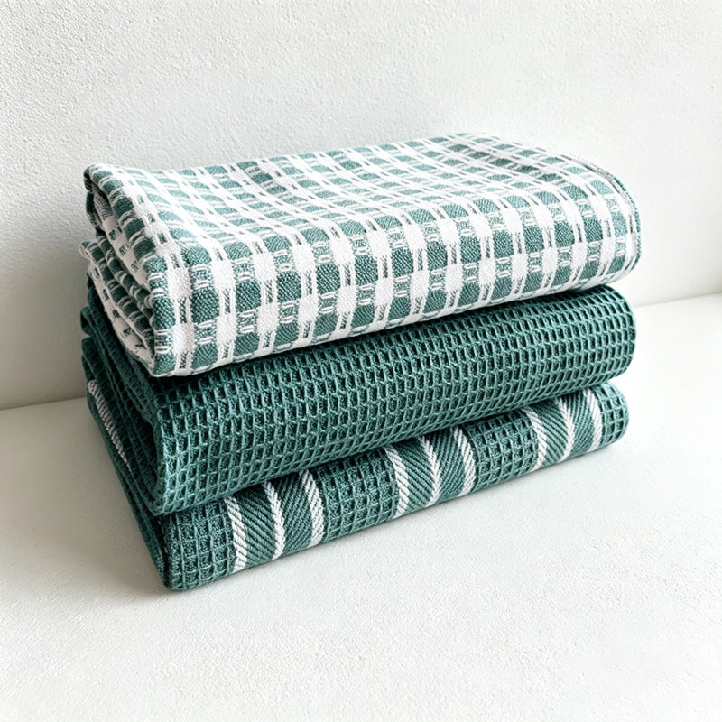 CouldNook Three Piece Cotton Kitchen Towel Set - Check and Waffle
