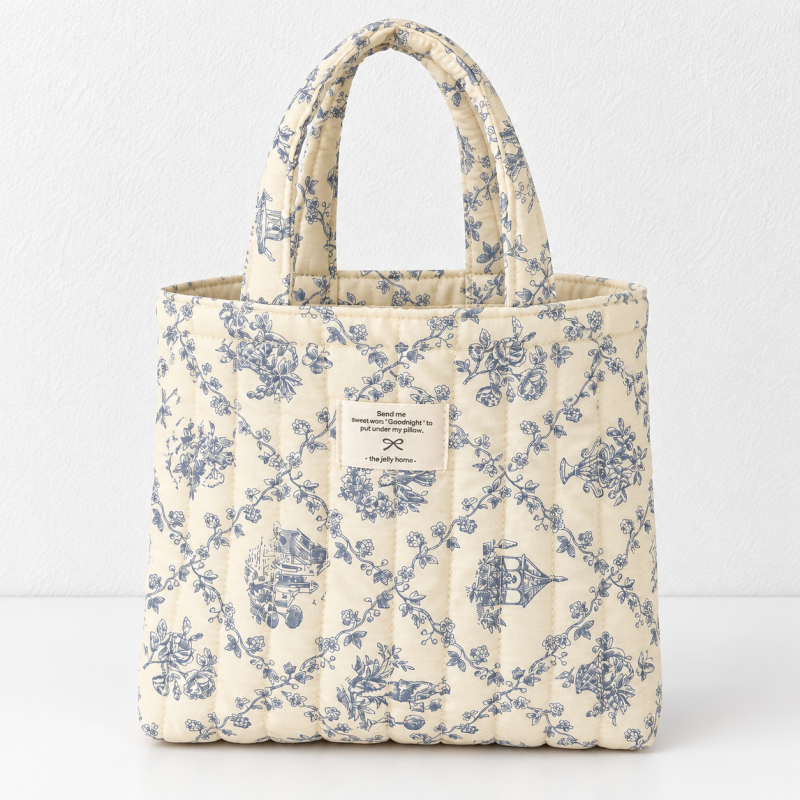 CouldNook Floral Cotton Handbag - Quilted Stitching And Short Fabric Handles