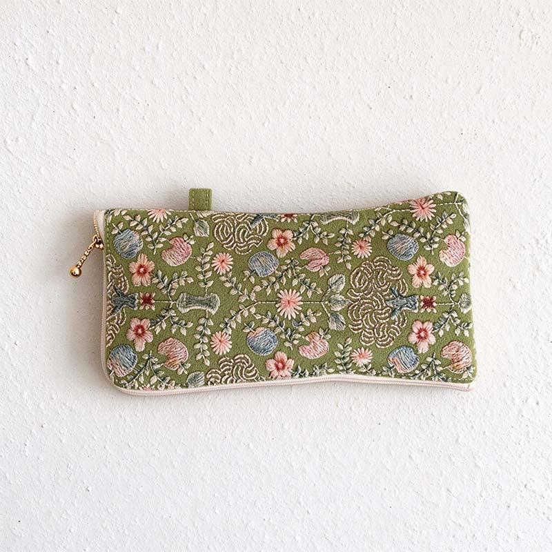CouldNook Embroidered Glasses Pouch - Floral Stitching And Checked Lining