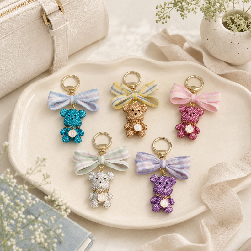 CouldNook Rhinestone Bear Keychain - Ribbon Bow Bag Charm