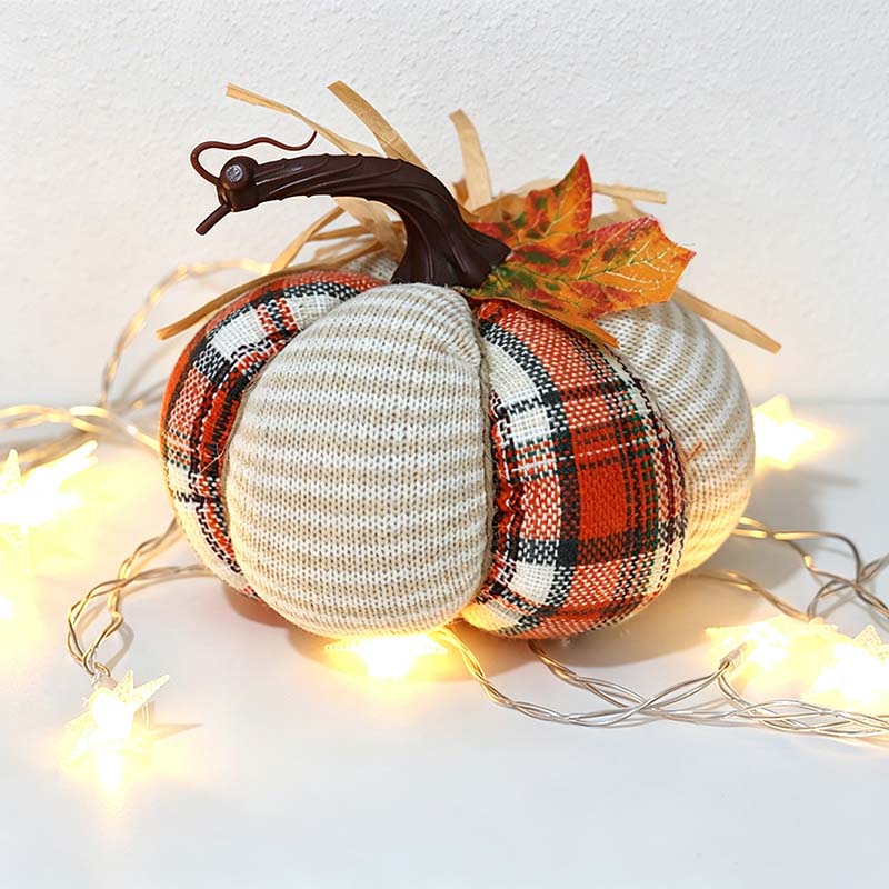 CouldNook Plaid Fabric Pumpkin Ornament - Curved Stem and Textured Panels