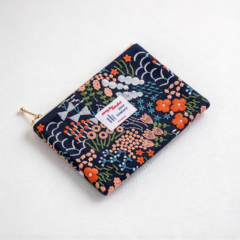 CouldNook Embroidered Zip Makeup Pouch - Cotton Lining And Nature Motifs