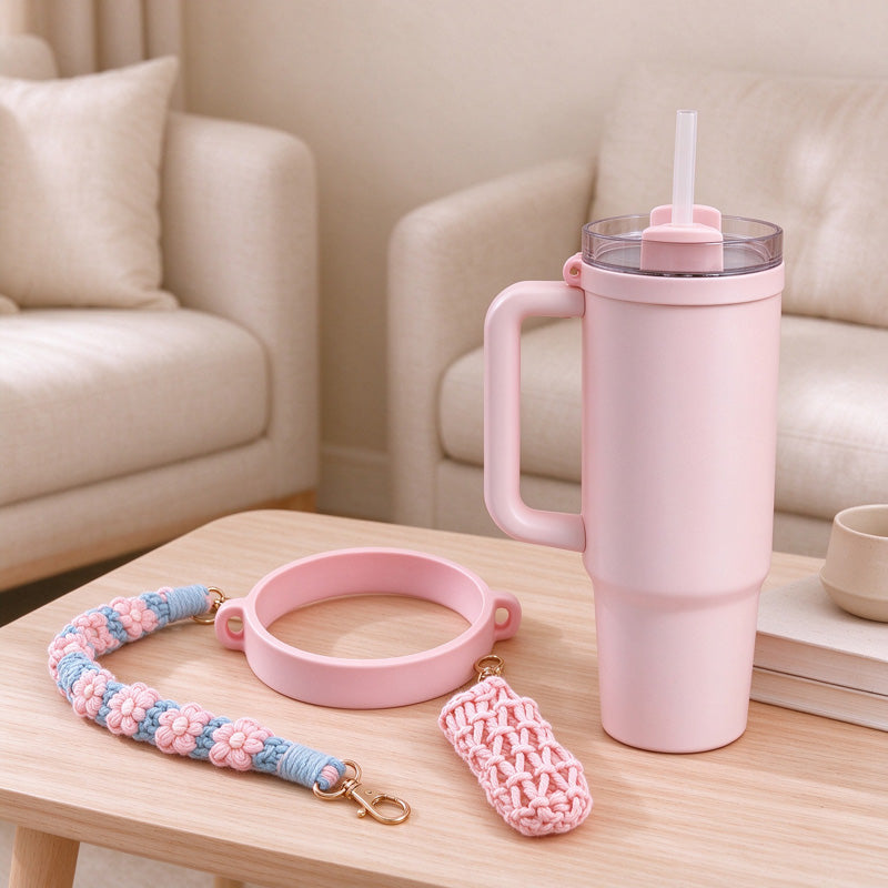 Water Bottle Carry Strap with Beads or Woven Flowers