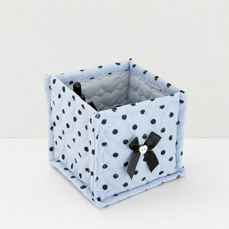 CouldNook Polka Dot Quilted Storage Bin Square Bow‑Decorated Desktop Organizer