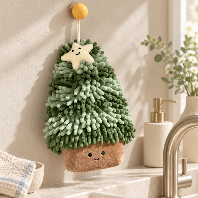 Christmas Tree Chenille Hand Towel with Smiling Star
