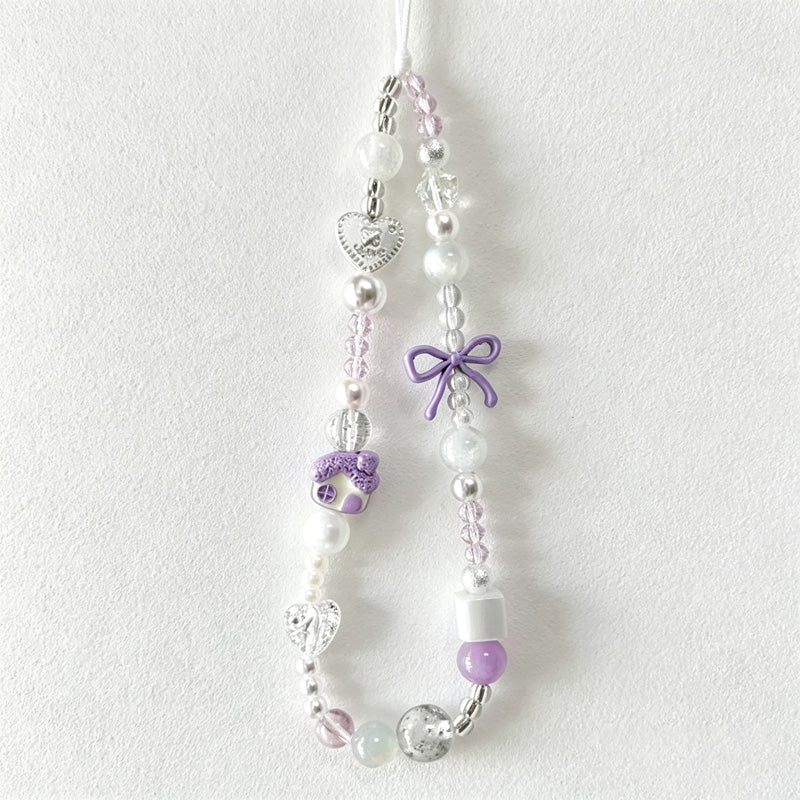 CloudNook Beaded Phone Wrist Strap-Purple House Bow Design
