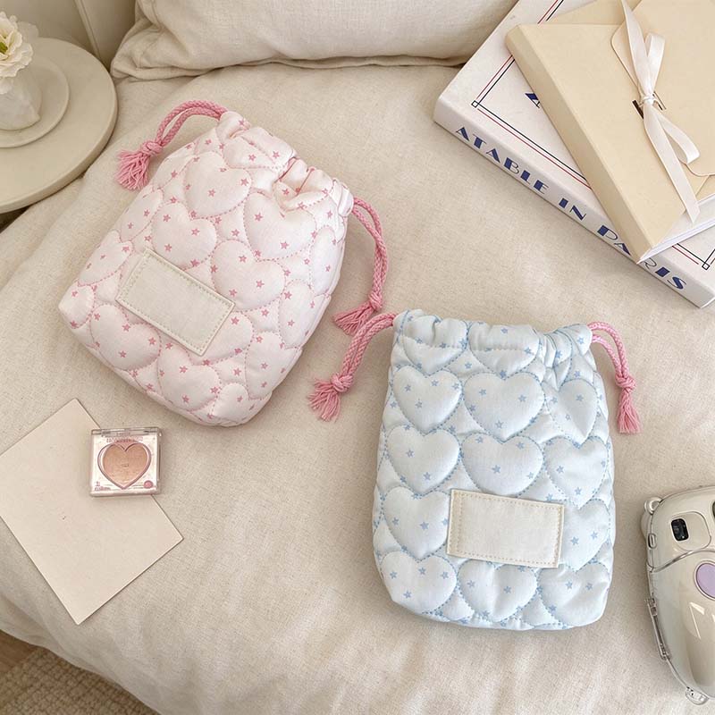 CouldNook Quilted Drawstring Pouch - Heart Stitching And Pastel Star Print