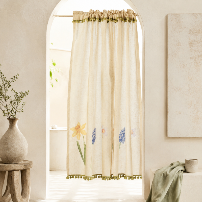 CouldNook Floral Cafe Curtain Panel - Embroidered Bloom Border