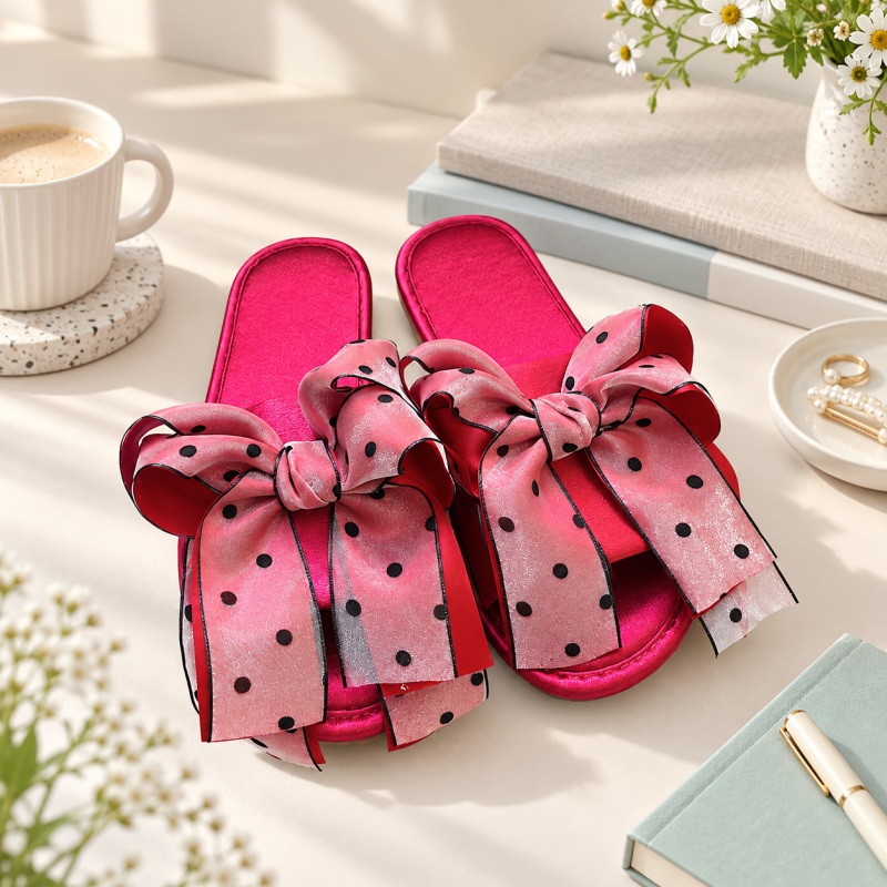 CouldNook Polka Dot Bow Slippers - Deep Red Design