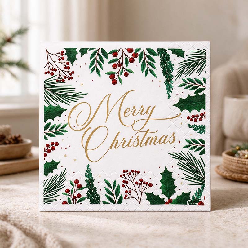 CouldNook Christmas Paper Napkins - Holly Berry Border And Script Greeting