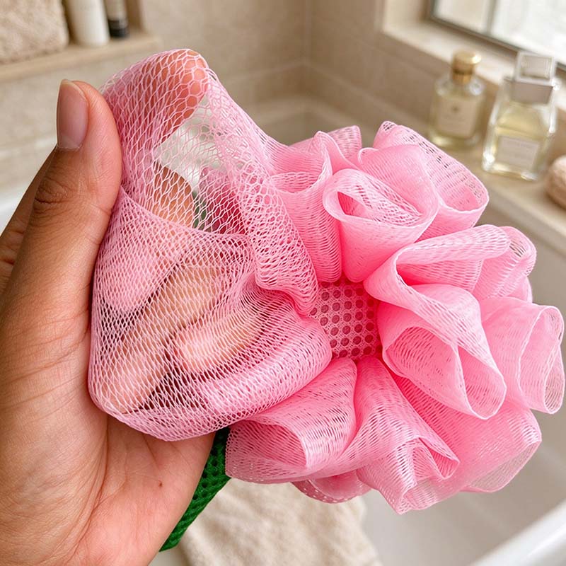 CouldNook Flower Bath Pouf - Pink Petals and Green Stem Detail