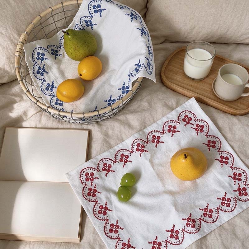 Embroidered Table Cloth with Red or Blue Border