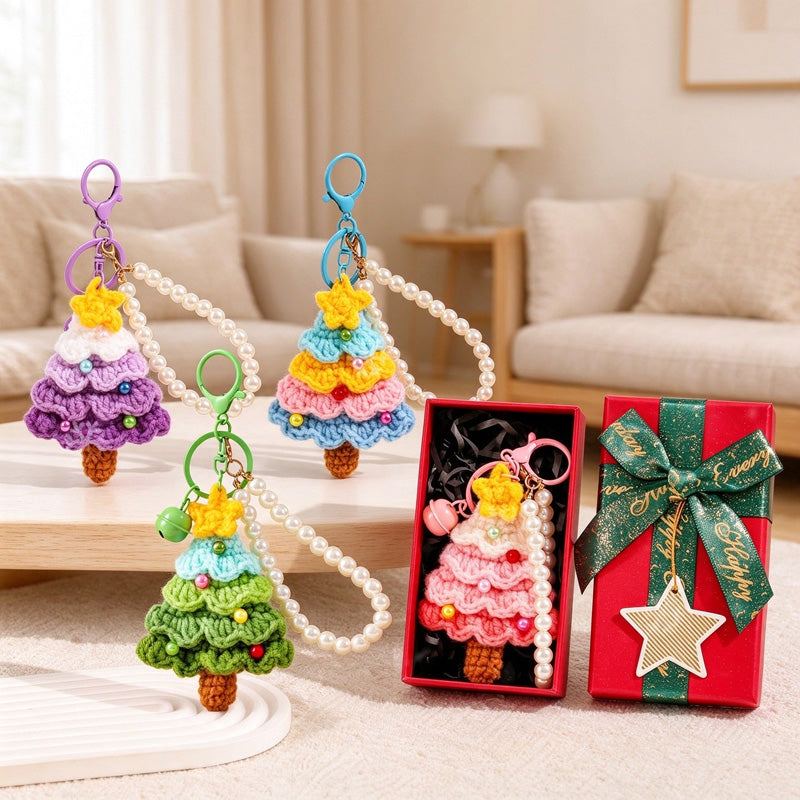 Crochet Christmas Tree Keychain with Pearl-Look Bead Loop