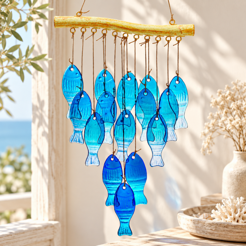 CouldNook Glass Fish Wind Chime - Blue Cascade And Horizontal Metal Support