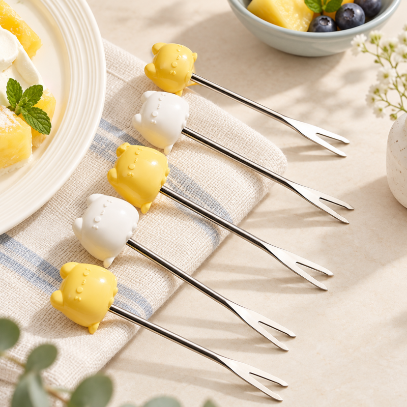 Cat Fruit Fork Set - Character Tops and Wooden Block