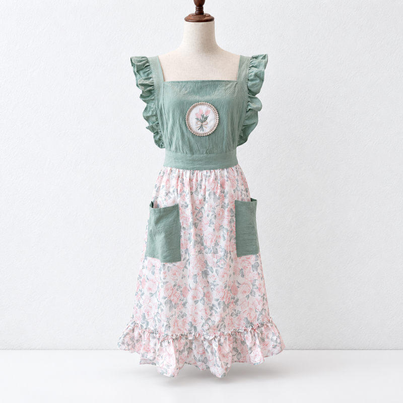 CouldNook Floral Ruffled Kitchen Apron - Princess-Style Layered Trim