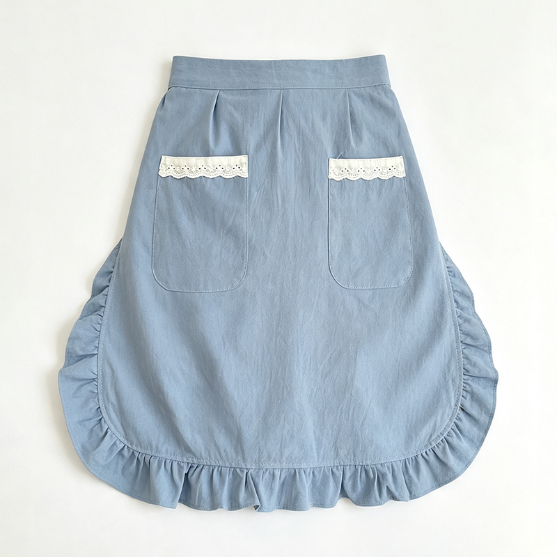 CouldNook Solid Waist Apron - Lace Pocket Ruffle Border