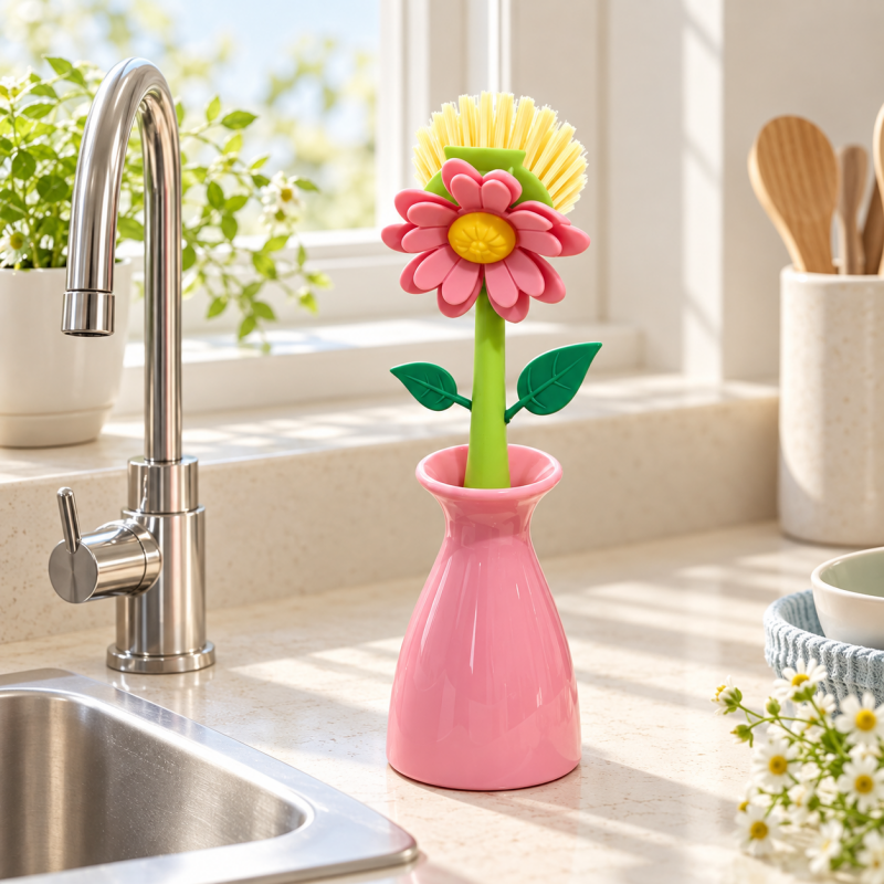CouldNook Flower Dish Brush - Leafy Stem Handle And Vase Holder