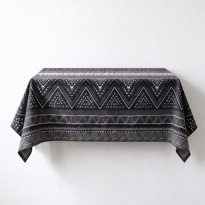 CouldNook Geometric Cotton-Linen Tablecloth - Patterned Bands and Plain Edges