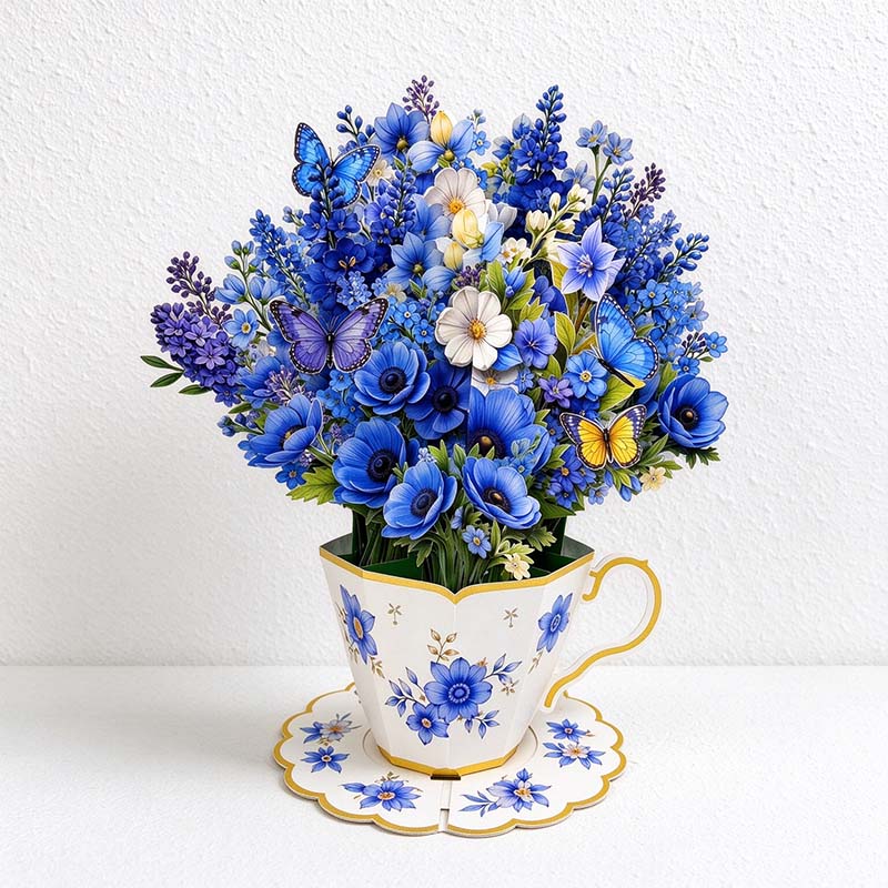 Teacup Flower Pop-Up Greeting Card with Butterflies