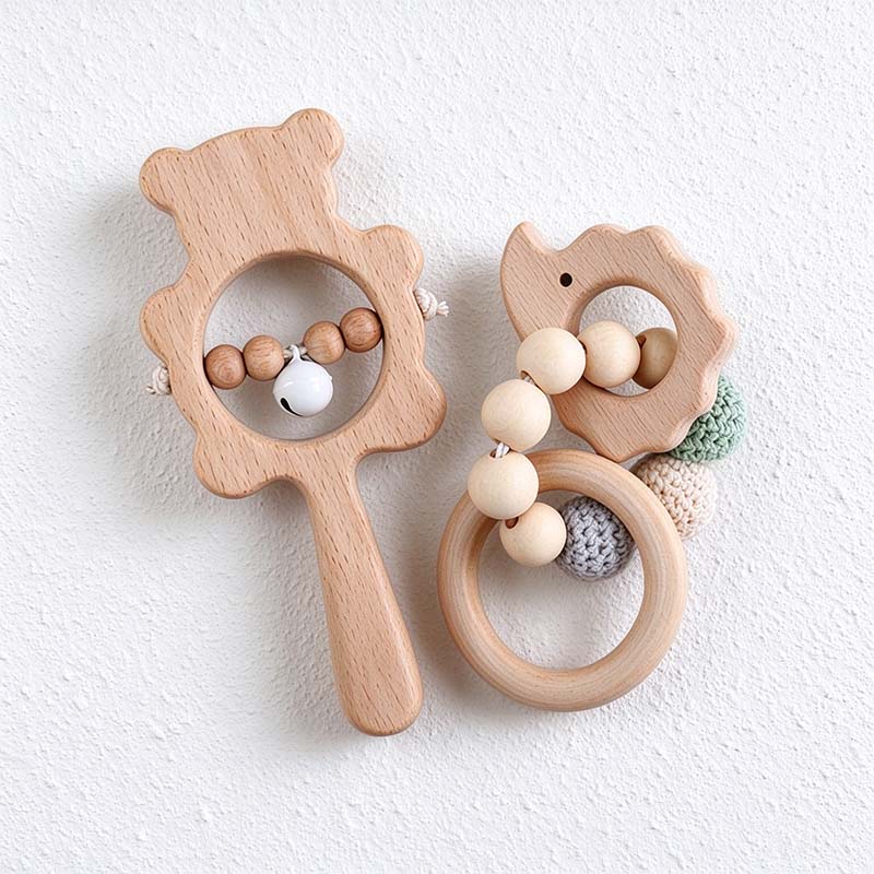 CouldNook Wooden Rattle - Animal Outlines and Crochet Bead Accents