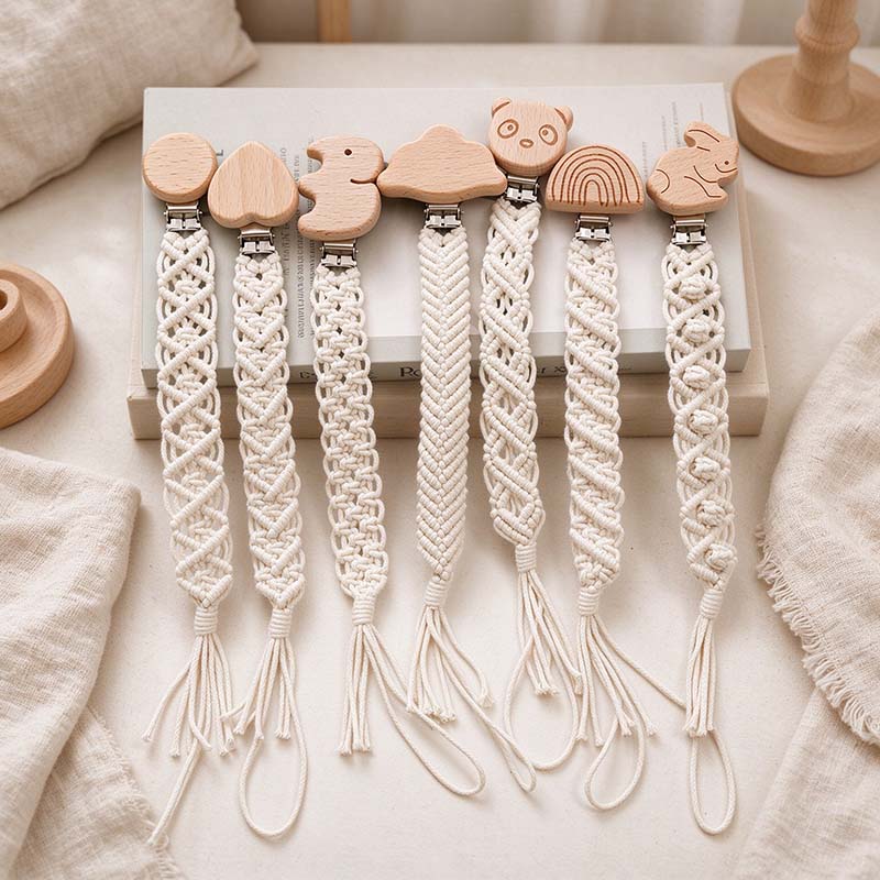 CouldNook Pacifier Clip - Knotted Cotton Cord and Shaped Wood Detail