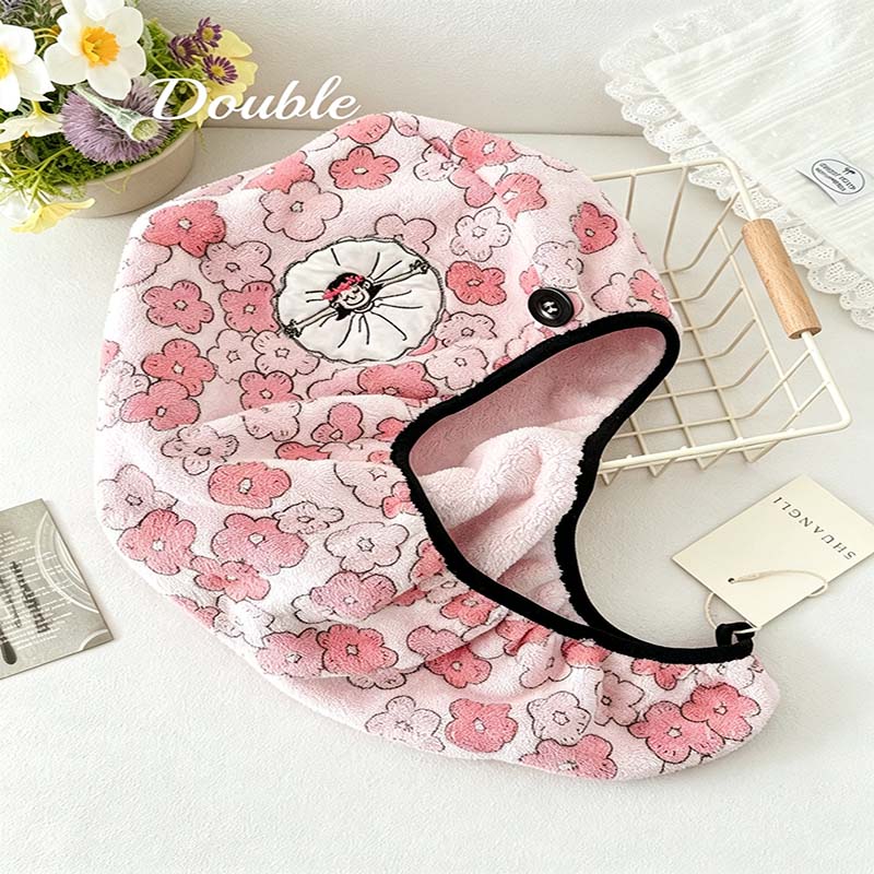 CouldNook Floral Hair Towel Wrap - Embroidered Button Fastening