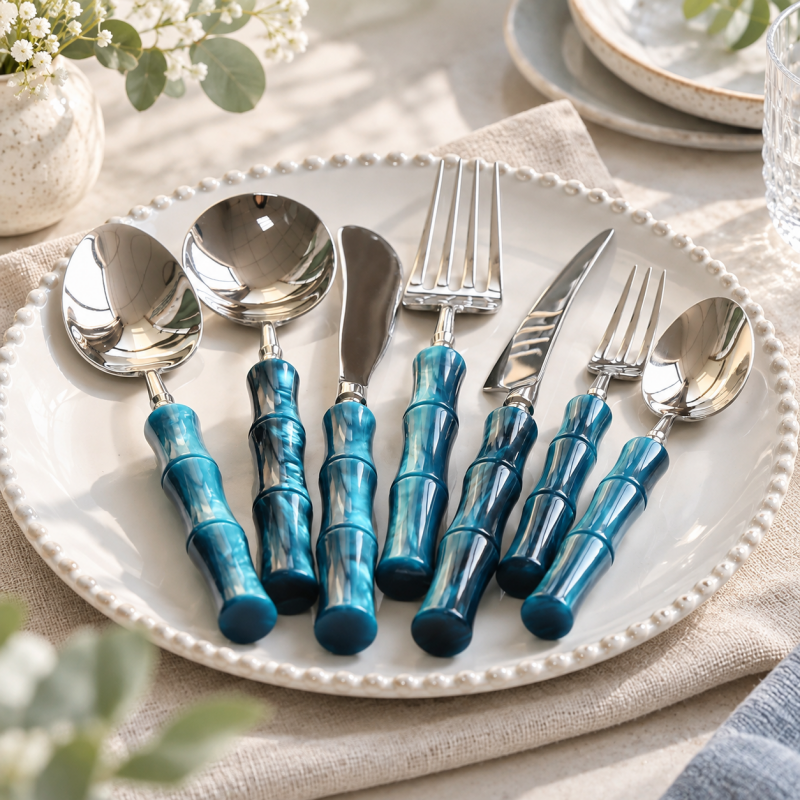 Bamboo Style Flatware - Segmented Acrylic Handles and Steel