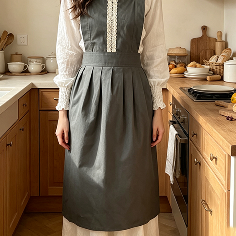 CouldNook Charcoal Bib Apron - Quiet Lace Trim Detail
