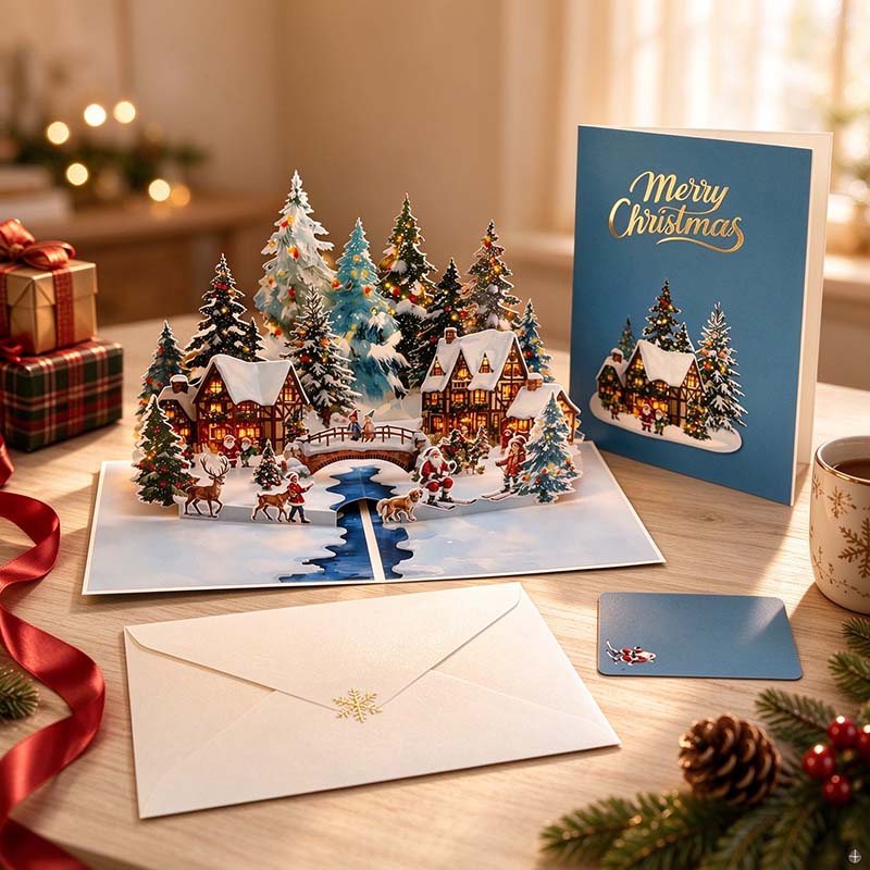 Winter Village Pop-Up Greeting Card with Snowy Houses