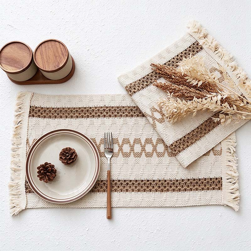 Fringed Woven Placemat with Stripes and Diamond Patterns