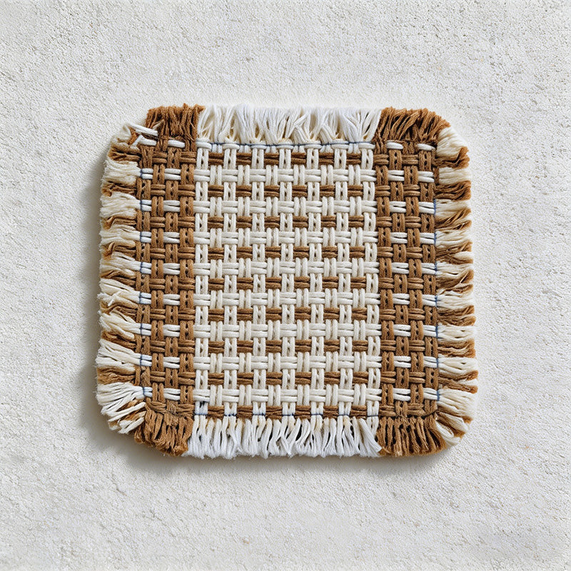 CouldNook Boho Hand-Woven Fringe Coaster - Chunky Checkered Cotton Mug Mat