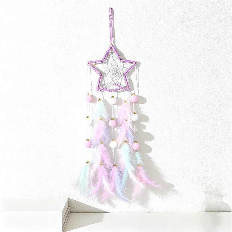 CouldNook Dreamcatcher-Handmade Star Moon Cat Shaped Feather Pom Pom Dream Catcher Wind Chime