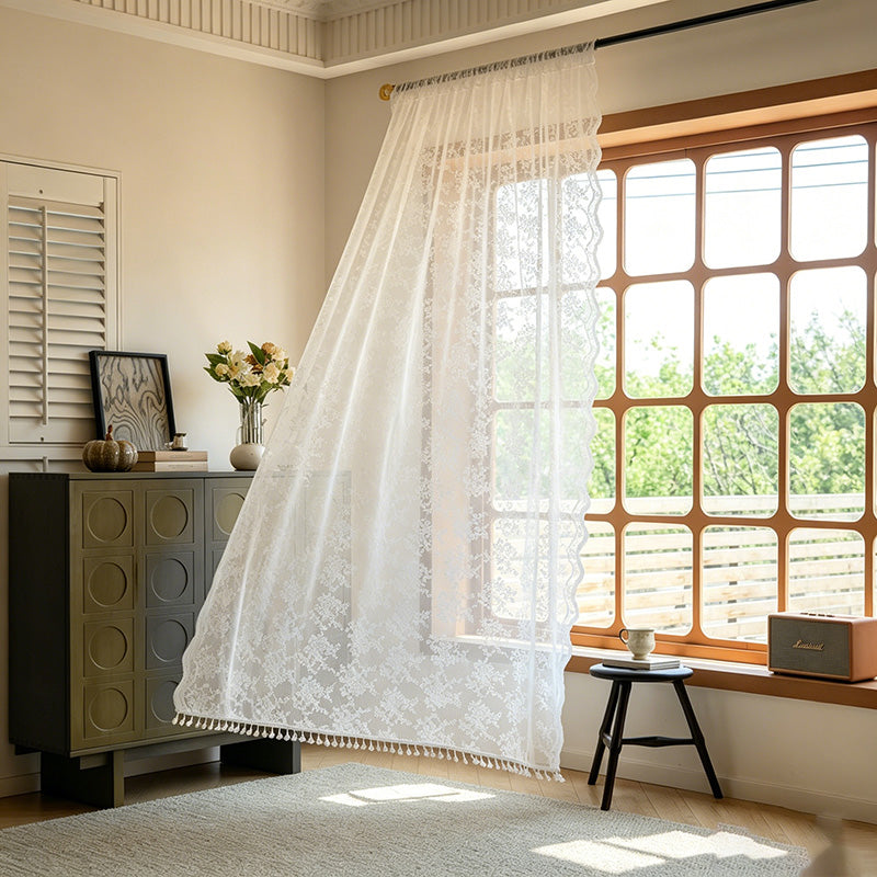 French Floral Lace Sheer Curtains - White Transparent Tulle Drape