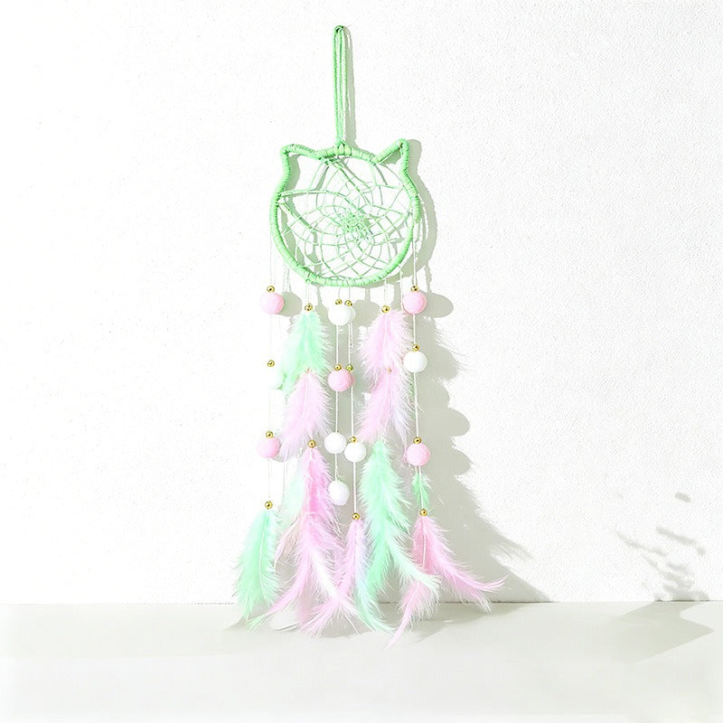 CouldNook Dreamcatcher-Handmade Star Moon Cat Shaped Feather Pom Pom Dream Catcher Wind Chime