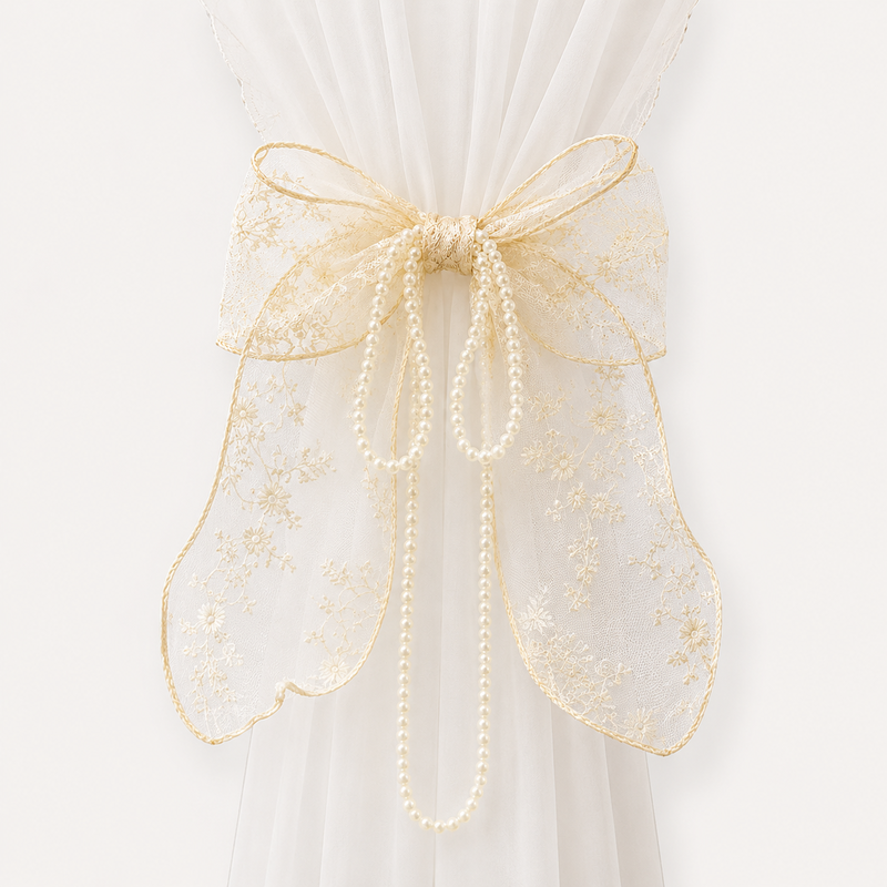 CouldNook Faux Pearl Lace Bow Curtain Tieback 2PCS Set - Window Styling Accent
