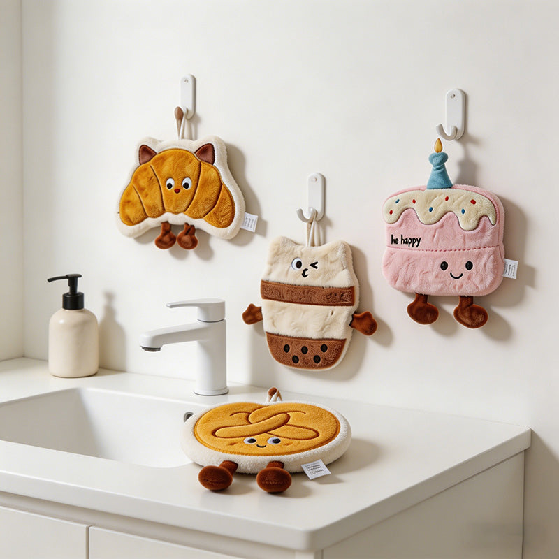 CouldNook Kawaii Bakery & Dessert Hanging Hand Towel - Thick Coral Fleece
