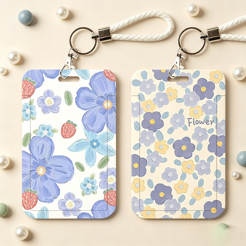 Cute Oil Painting Flower Card Holder with Keychain/Lanyard, Cartoon ID Card Case for Students & Kids