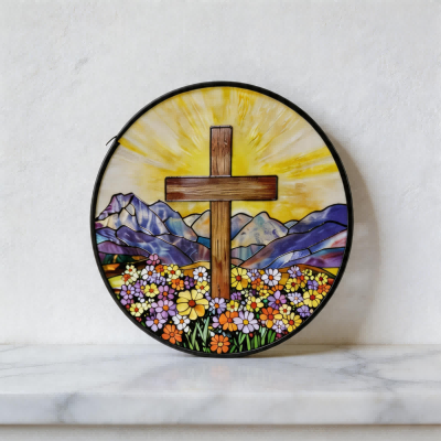 CouldNook Suncatcher-Cross Wildflower Stained Glass Style Glass Sun Catcher Hanging Ornament