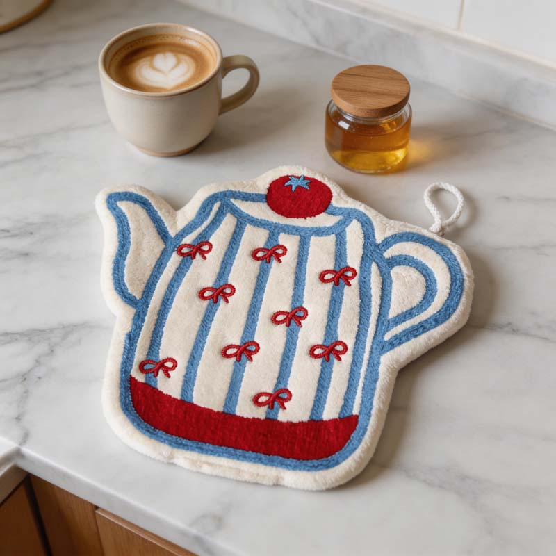 CouldNook Cute Teapot & Mitt Hanging Hand Towel - Soft Coral Fleece