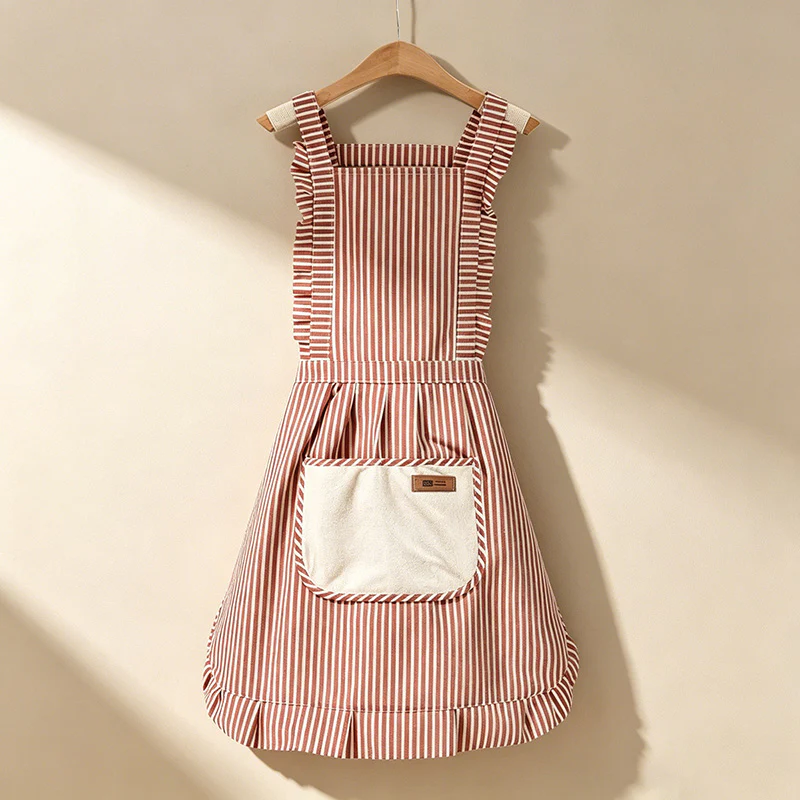 Striped Princess with Towel Pocket  Apron  - Polyester Backband Kitchen Apron