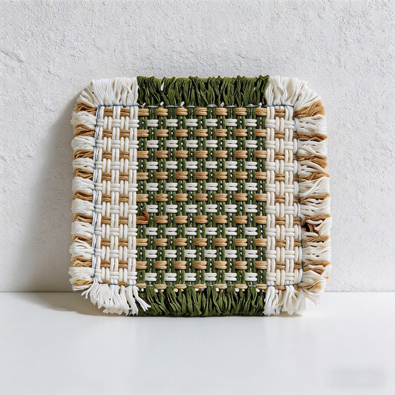 CouldNook Boho Hand-Woven Fringe Coaster - Chunky Checkered Cotton Mug Mat