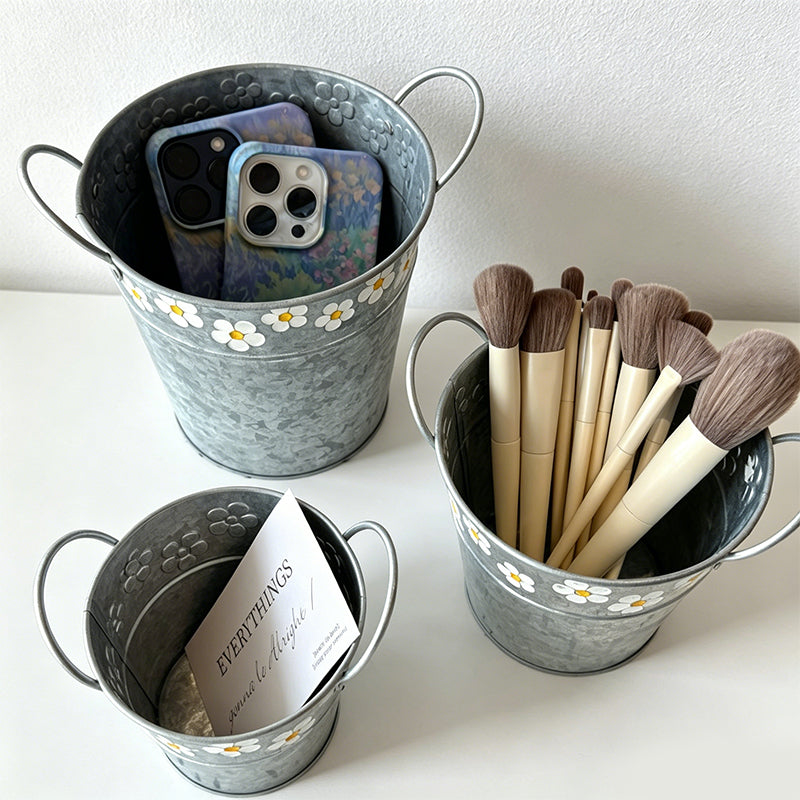 CouldNook Floral Iron Storage Bucket - Aesthetic Desktop Metal Organizer