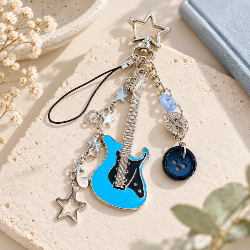 CouldNook Guitar Keychain - Blue Instrument Shape and Dangling Musical Details