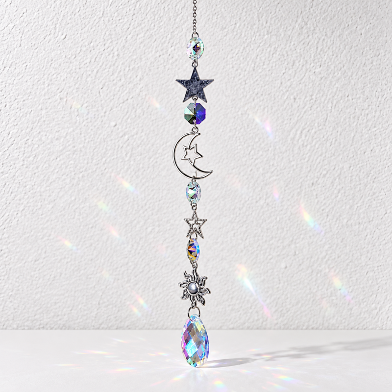 CouldNook Celestial Suncatcher - Silver-Toned Motifs and Linked Faceted Decorations