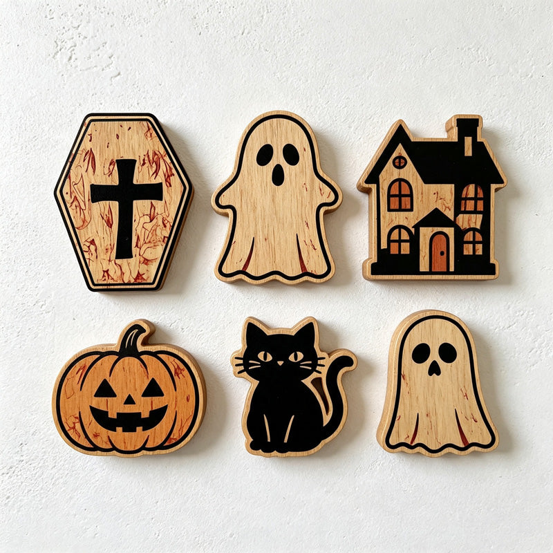 CouldNook Halloween Wooden Tabletop Block‑Ghost Black Cat Pumpkin Haunted House Decor