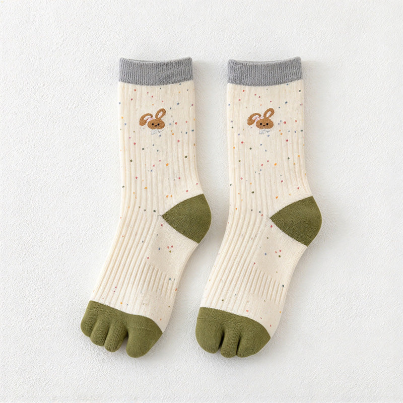 CouldNook Patterned Split-Toe Socks - Rabbit Motifs And Contrast Toe Sections