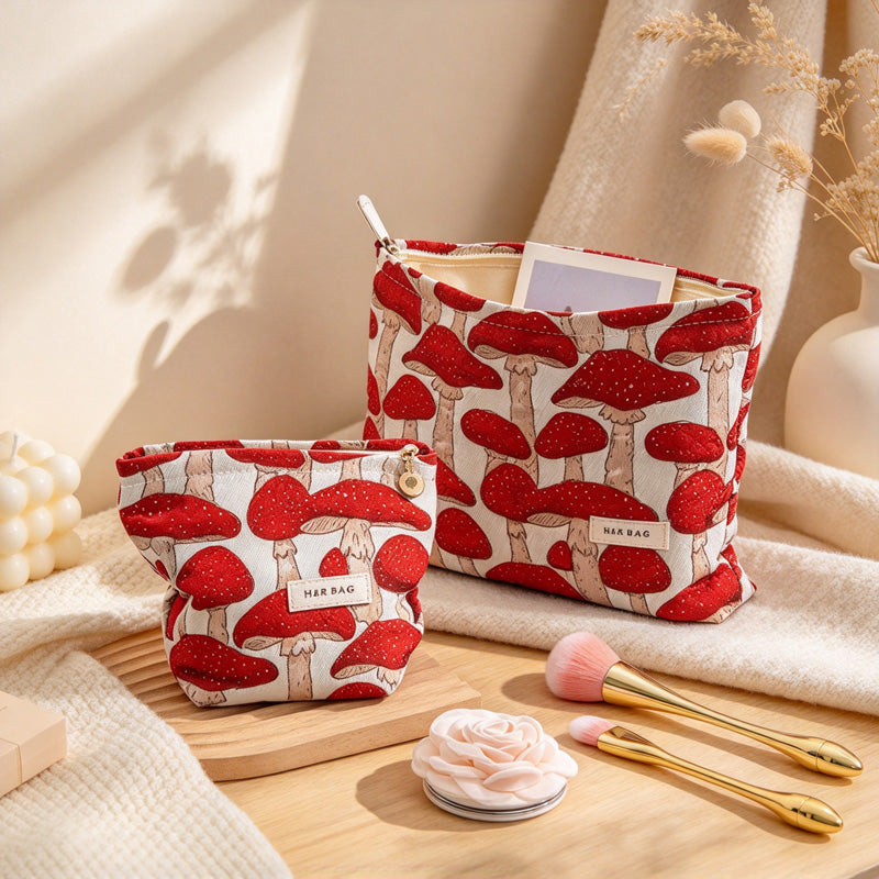 CouldNook Mushroom Makeup Pouch - Textured Canvas And Red Motifs